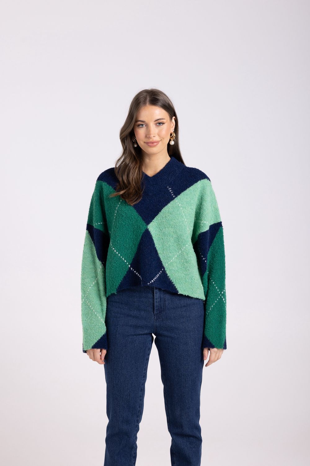 Two-T&#39;s - High V Neck Sweater / Navy Multi 3043