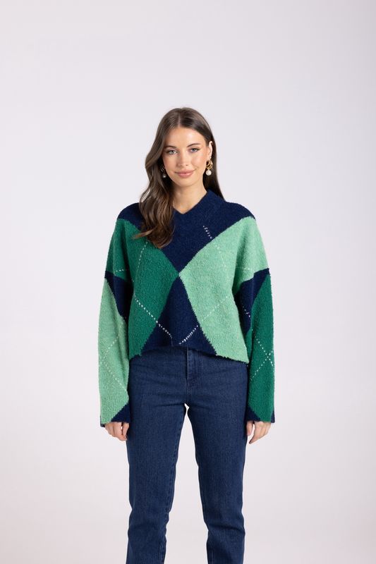 Two-T&#39;s - High V Neck Sweater / Navy Multi 3043