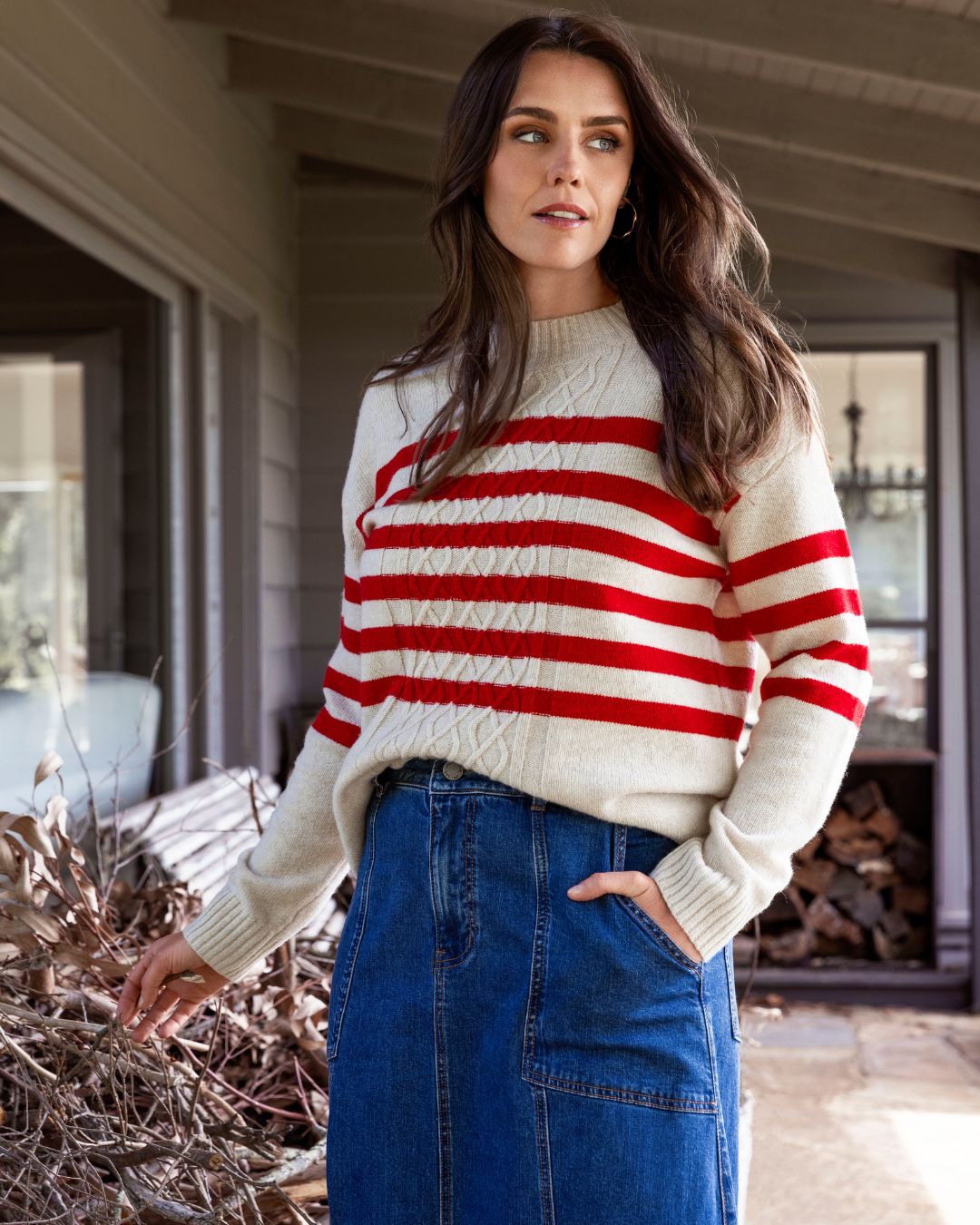 Jump - Stripe Cable Pullover Oat/Cherry 58611015A