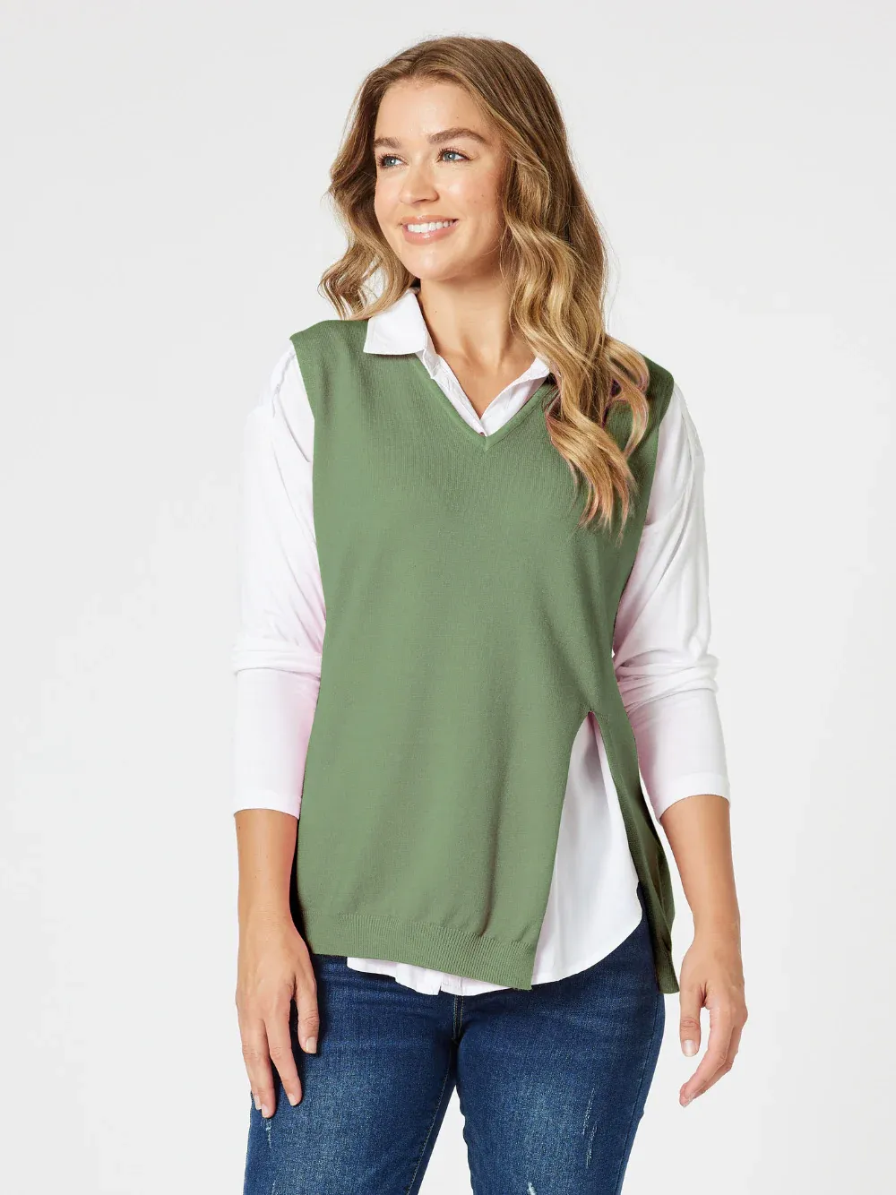 Threadz - Vicky Side Split Knit Vest / Khaki 44373