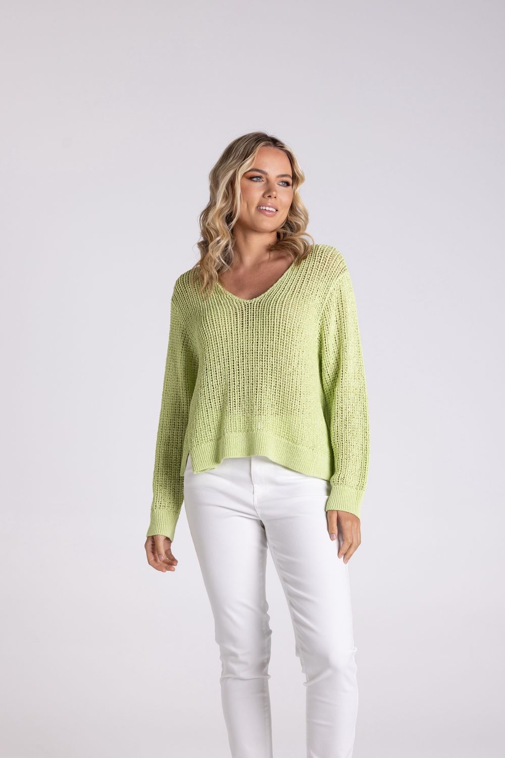 Two-T&#39;s - Tape Yarn V Neck Sweater / Lime 3103