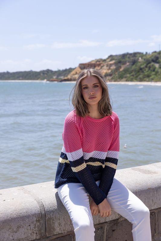 Two-T&#39;s - Pointelle Spliced Sweater / Flamingo Combo 3109