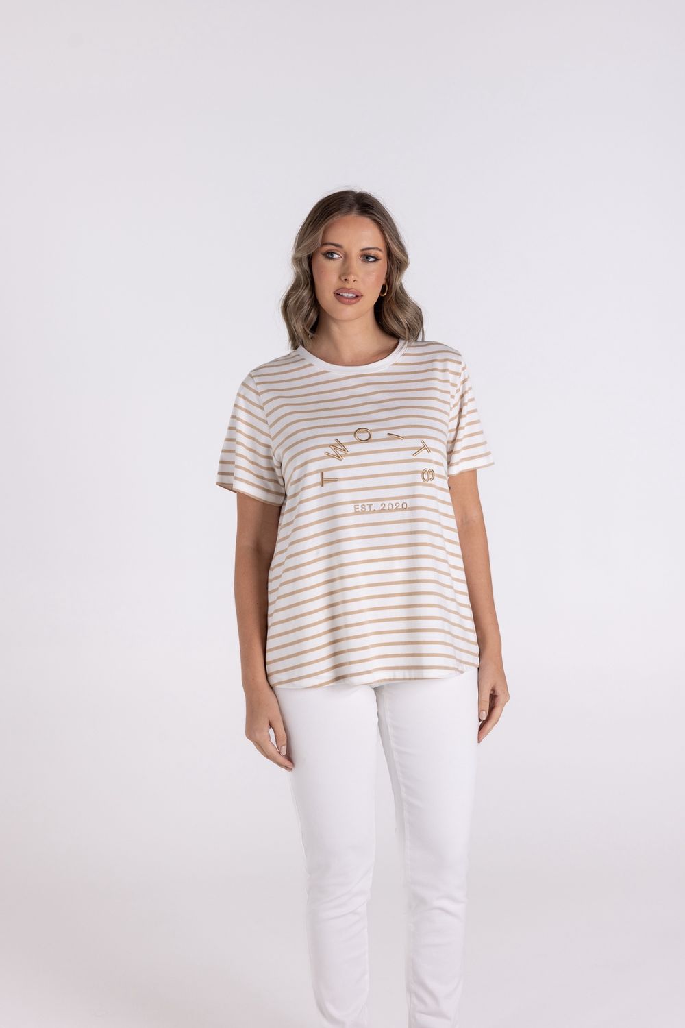 Two-T&#39;s - Stripe S/Slv Crew - Sand/White 3119
