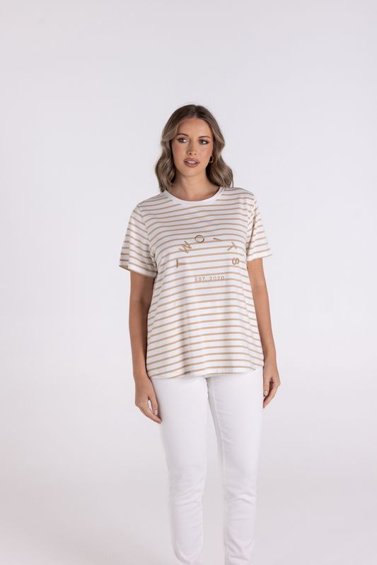 Two-T&#39;s - Stripe S/Slv Crew - Sand/White 3119