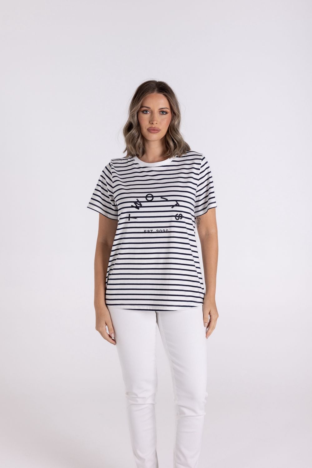 Two-T&#39;s - Stripe S/Slv Crew - Navy/White 3119