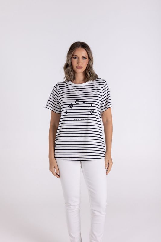 Two-T&#39;s - Stripe S/Slv Crew - Navy/White 3119