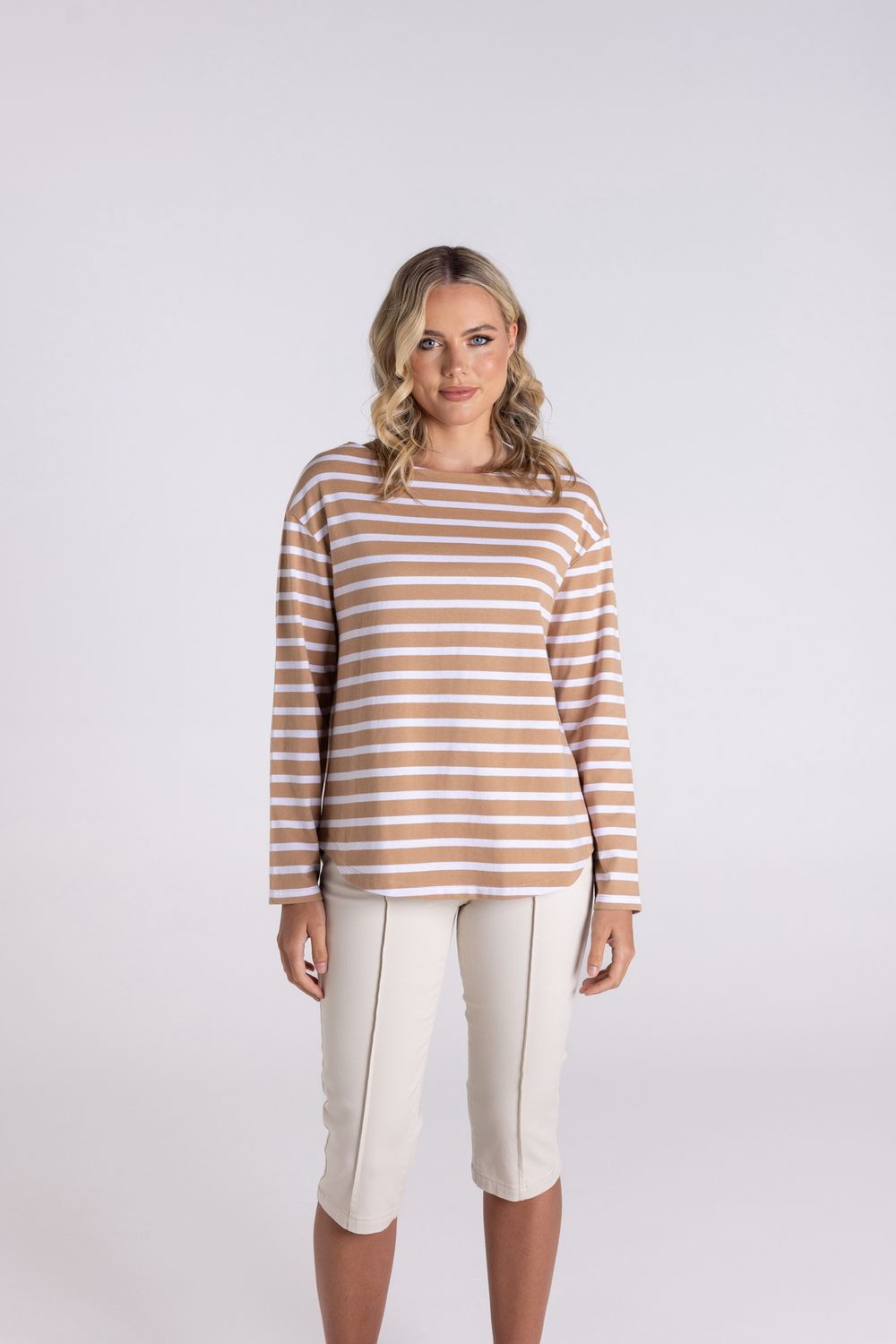 Two-T&#39;s - Stripe Boat Neck - Sand/White 3130