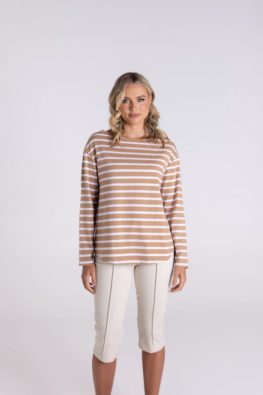 Two-T&#39;s - Stripe Boat Neck - Sand/White 3130