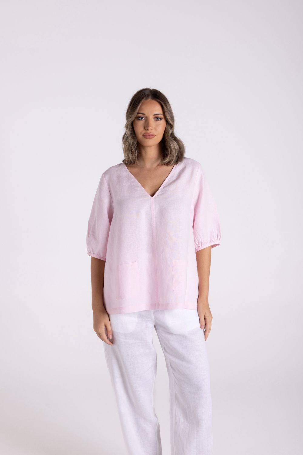 Two-T&#39;s - Linen Top With Pockets / Pink 3144