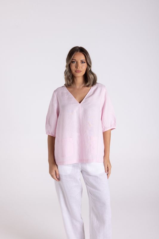 Two-T&#39;s - Linen Top With Pockets / Pink 3144