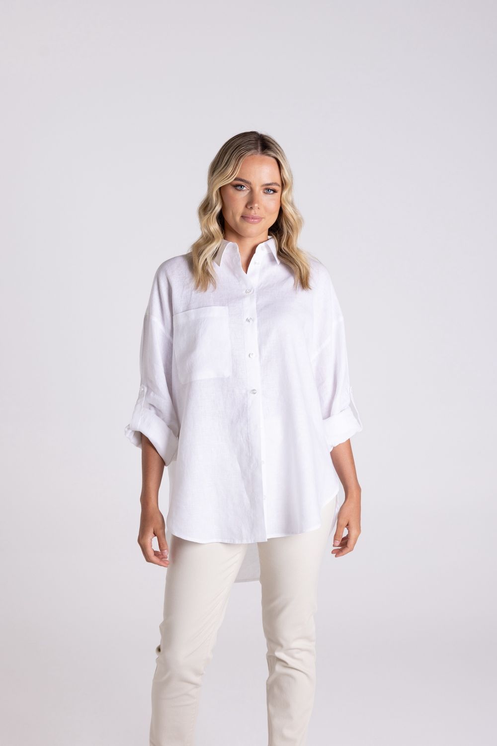 Two-T&#39;s - Oversized Linen Shirt /White 3146