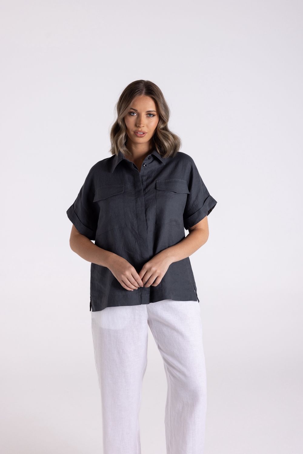 Two-T&#39;s - Oversized Linen Top / Charcoal 3149