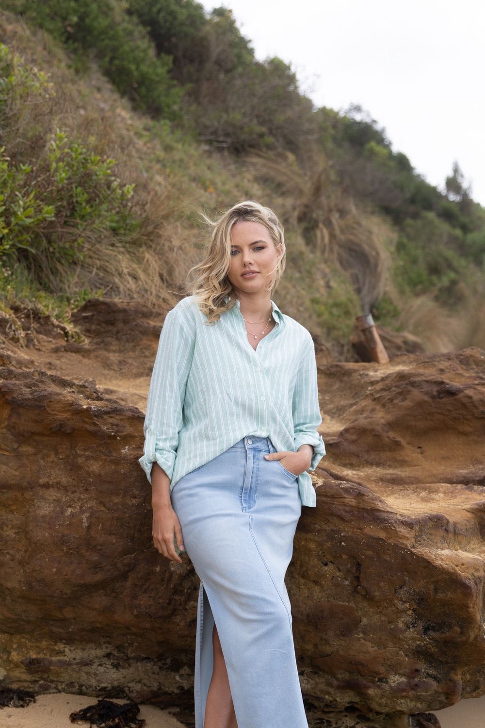 Two-T&#39;s - Linen Stripe Shirt - Fern-White / 3124