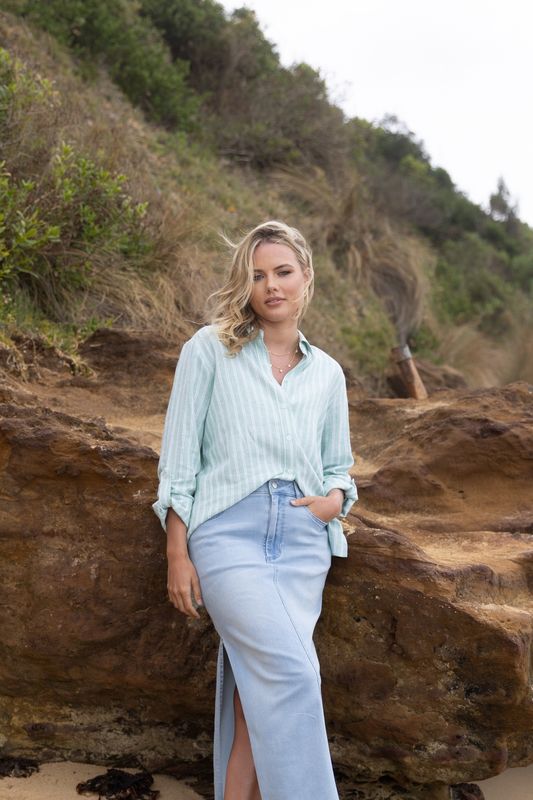 Two-T&#39;s - Linen Stripe Shirt - Fern-White / 3124