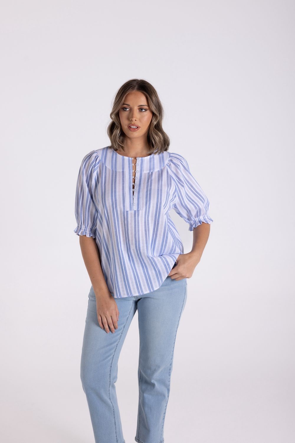 Two-T&#39;s - Cotton Striped Lace Top / Blue-White 3175