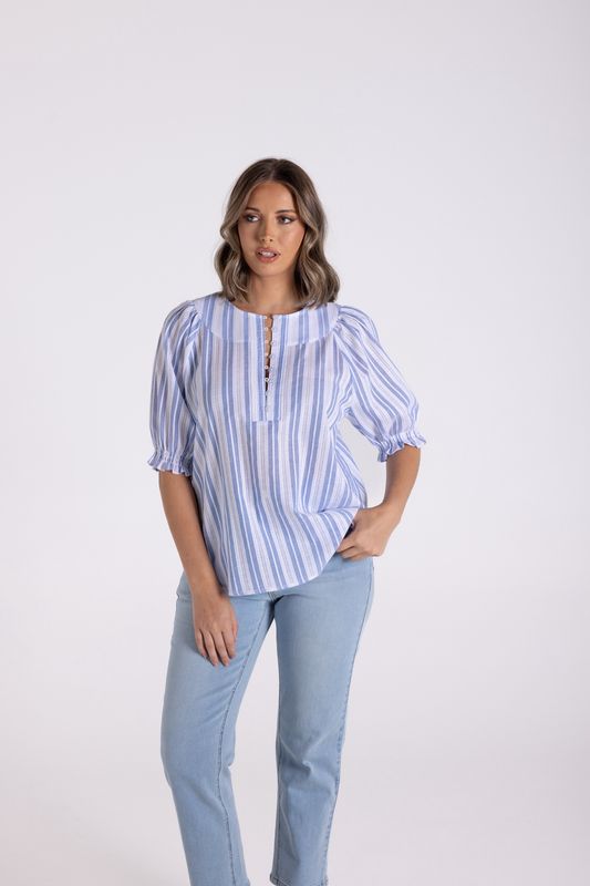 Two-T&#39;s - Cotton Striped Lace Top / Blue-White 3175