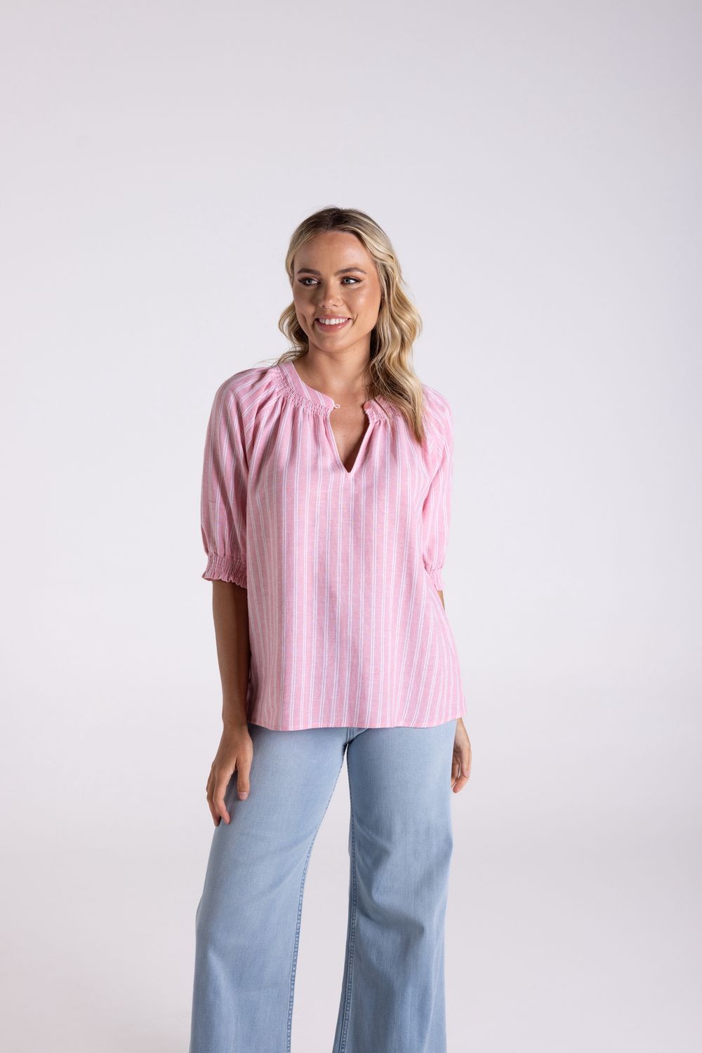Two-T&#39;s - Linen Stripe Top / Coral-White 3186