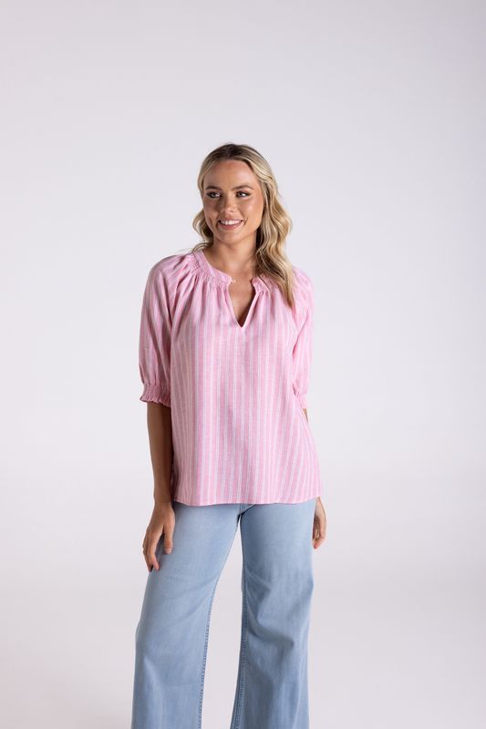 Two-T&#39;s - Linen Stripe Top / Coral-White 3186