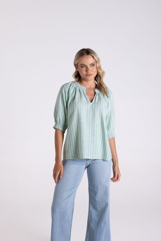 Two-T&#39;s - Linen Stripe Top / Fern-White 3186