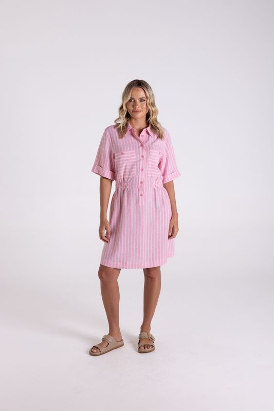 Two-T&#39;s - Linen Stripe Dress / Coral-White 3187