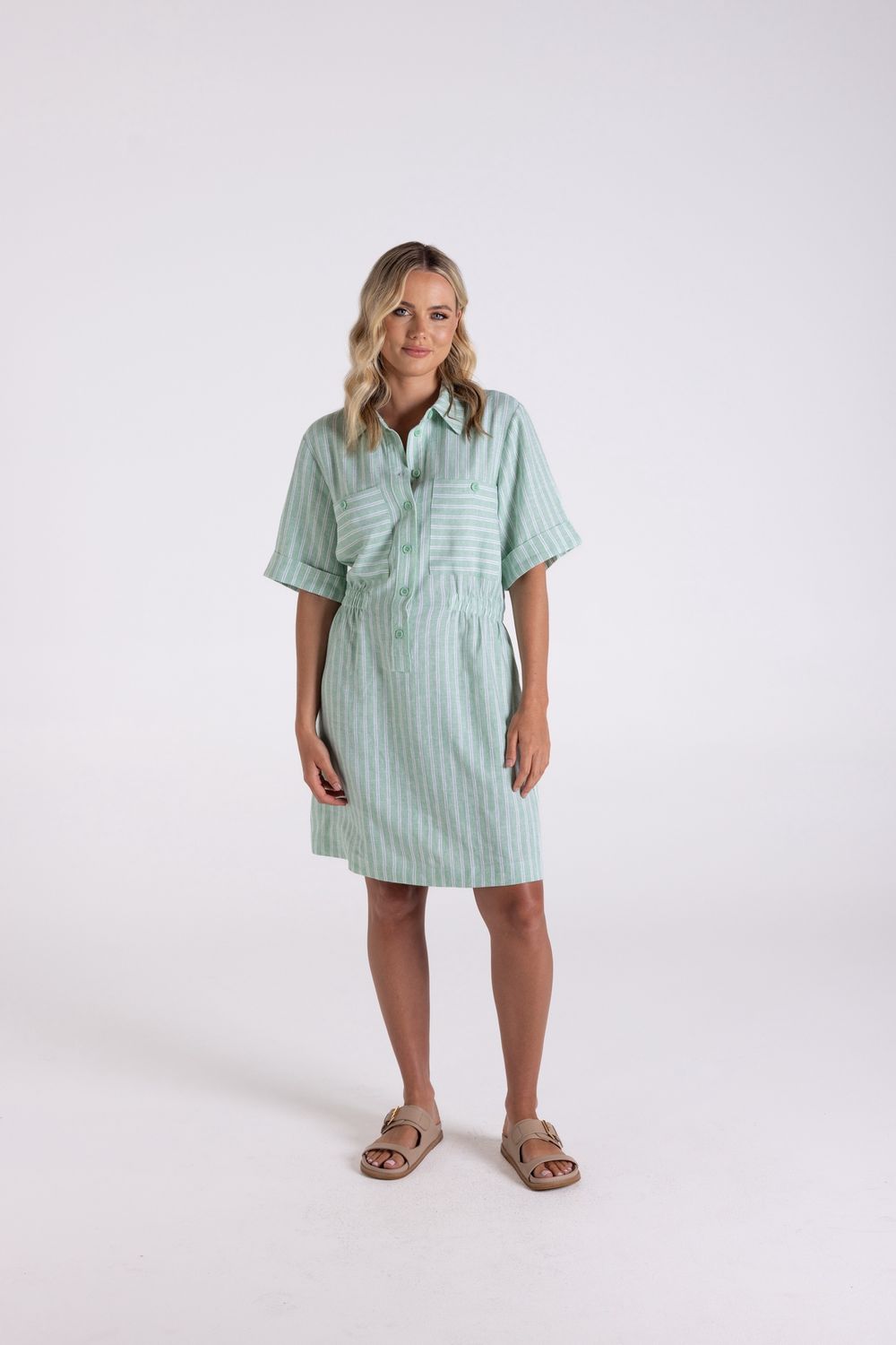 Two-T&#39;s - Linen Stripe Dress / Fern-White 3187