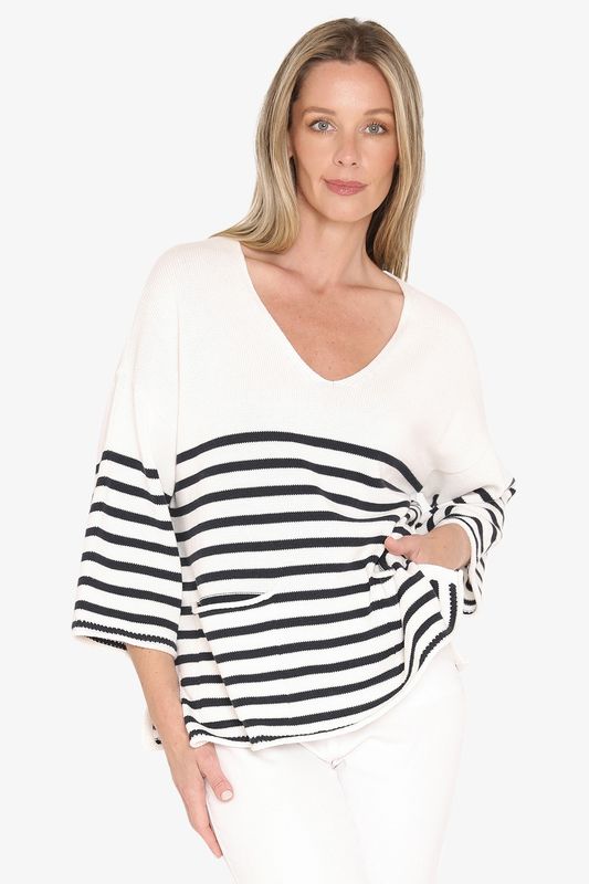 Jump - Stripe V Neck Pullover Ivory/Navy 59611009A