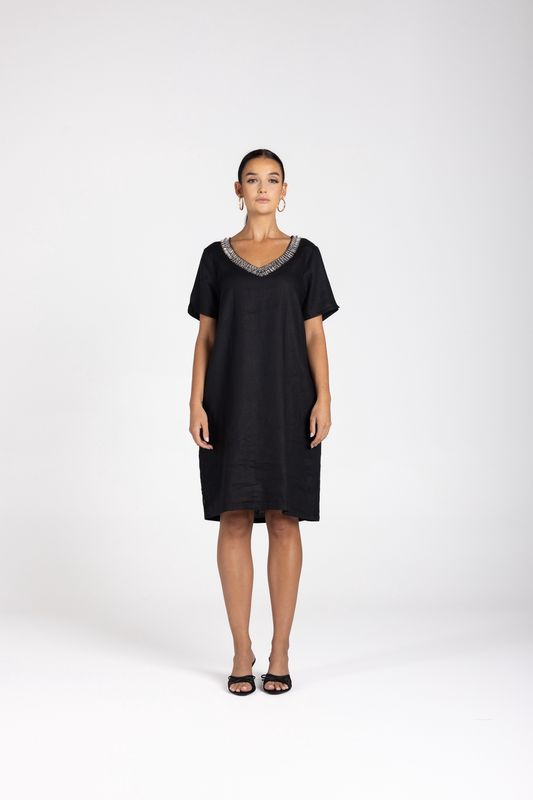 Two T&#39;s - Linen V-Neck Beaded Dress / Black 3212