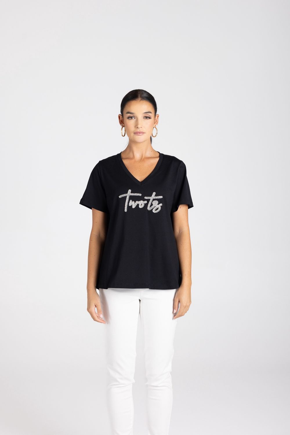 Two T&#39;s - V-Neck Logo T-Shirt / Black/Silver 3229