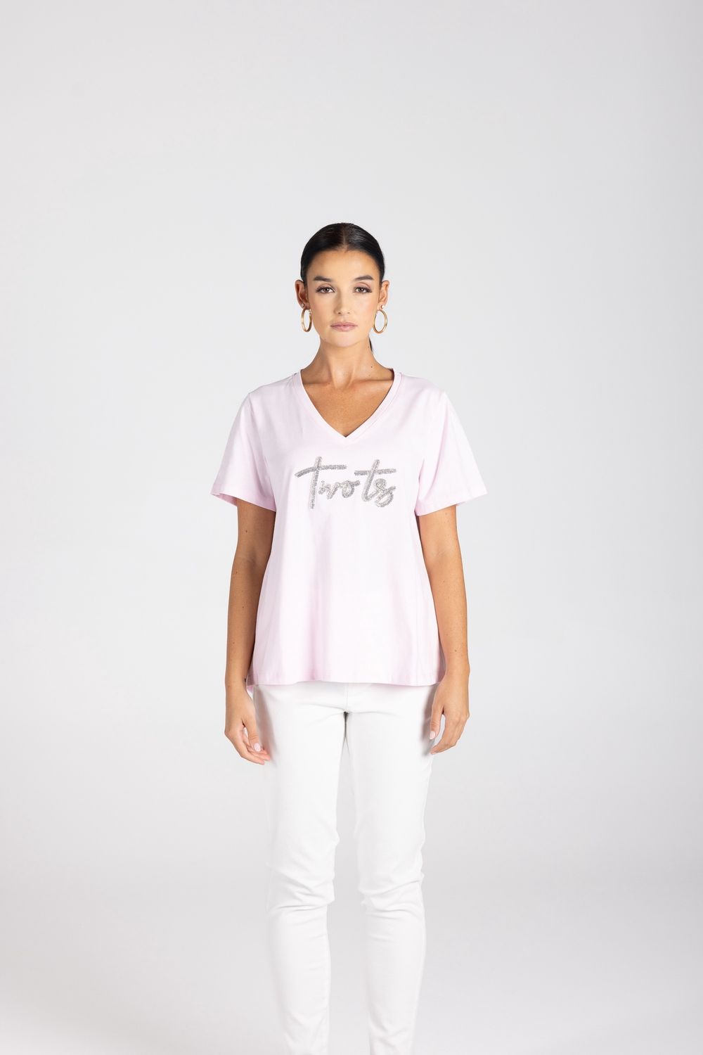 Two T&#39;s - V-Neck Logo T-Shirt / Pink/Silver 3229