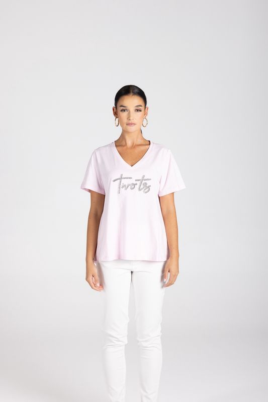 Two T&#39;s - V-Neck Logo T-Shirt / Pink/Silver 3229