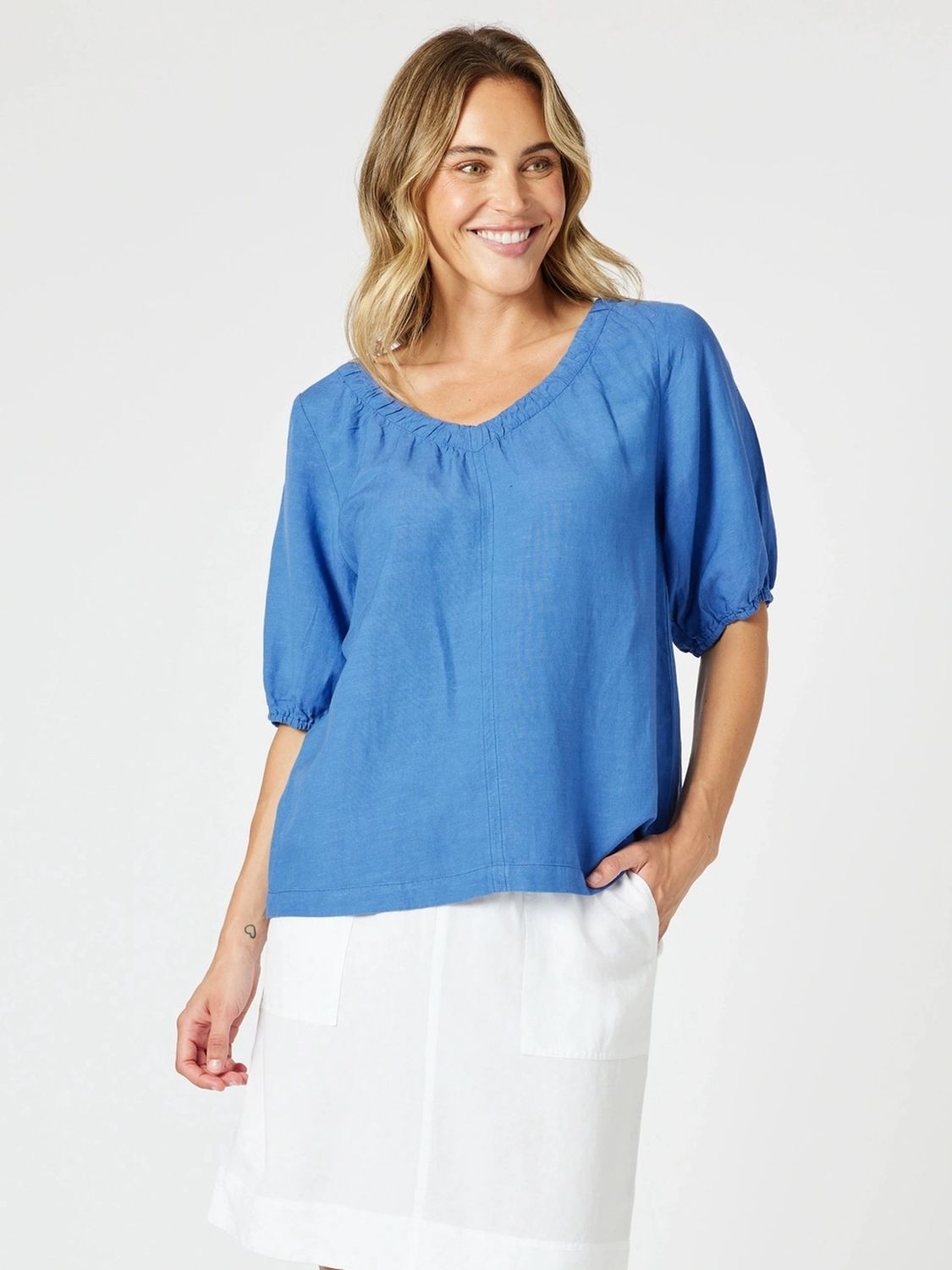 Gordon Smith - Lino V Neck Top / Sardinia Blue 48258