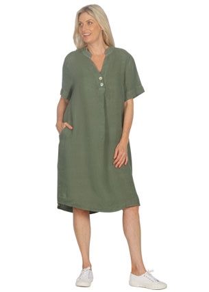 E Talia - Linen Dress ET305, Colour: Olive, Size: S