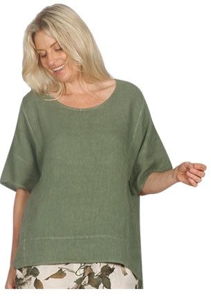 E Talia - Linen SS Top ET306, Colour: Olive, Size: S