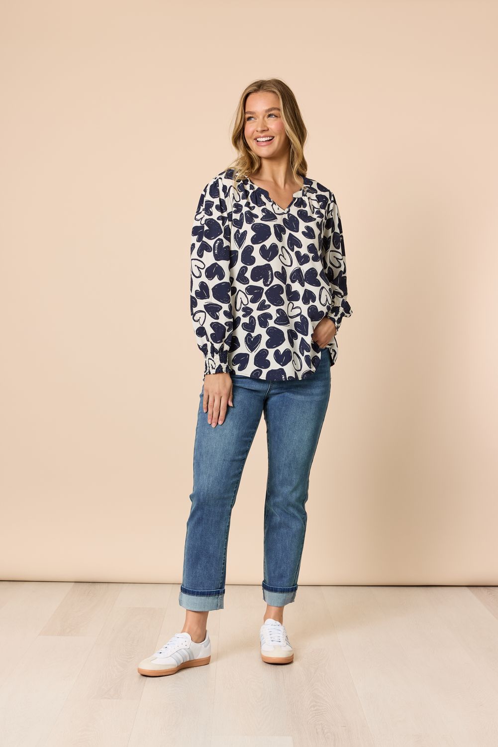 Threadz - Luna Heart Print Top Navy/ Ivory 48825