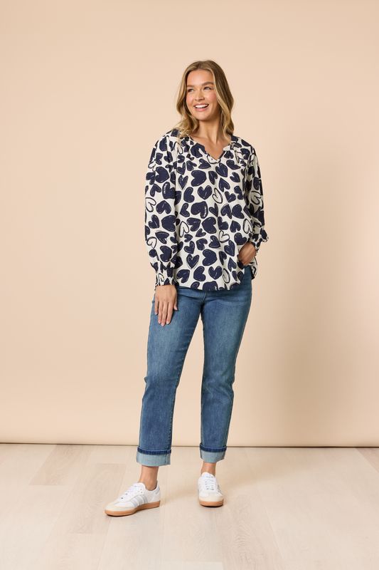 Threadz - Luna Heart Print Top Navy/ Ivory 48825