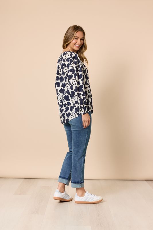 Threadz - Luna Heart Print Top Navy/ Ivory 48825
