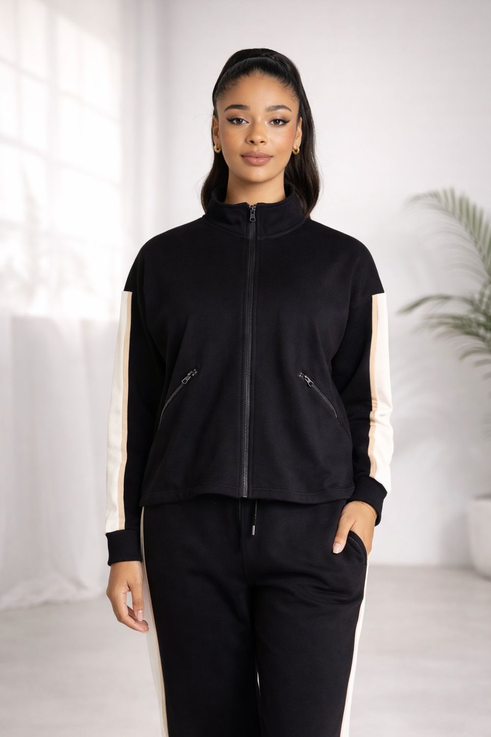 Two T's - Dropped Shoulder Jacket Black/ Ivory Stripe 3340