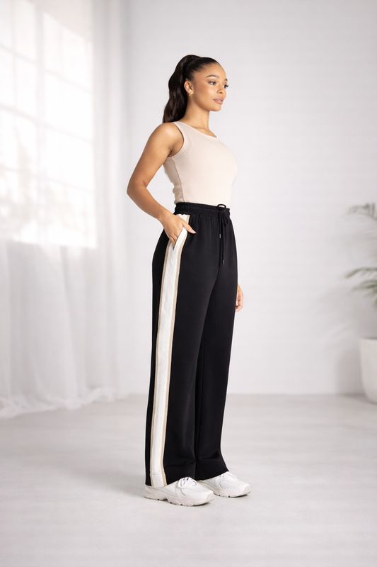 Two T's - Track Pant W/Contrast Stripe Trim Black/ Ivory Stripe 3341