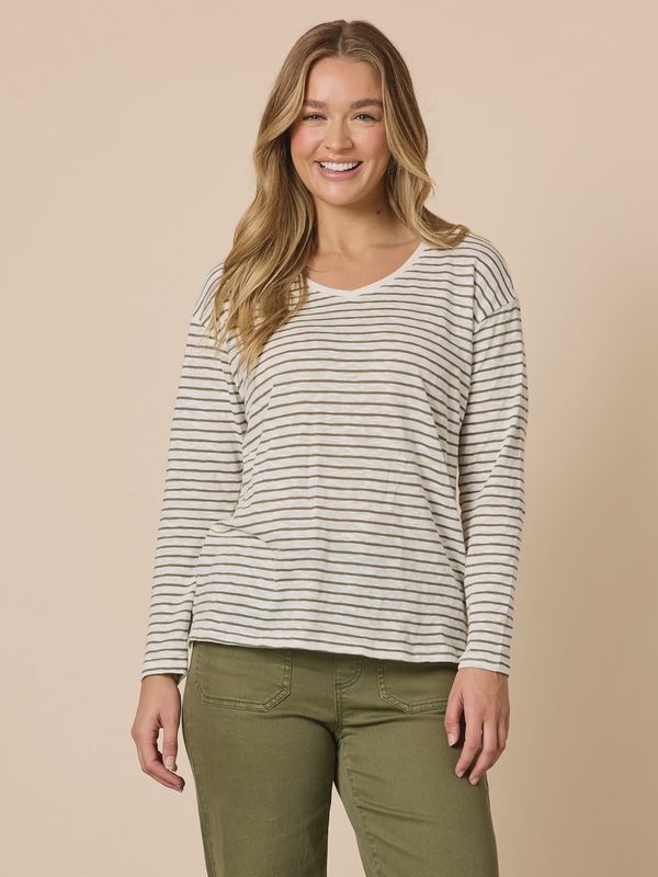 Threadz - City Stripe Long Sleeve Tee - Khaki Ivory 48647