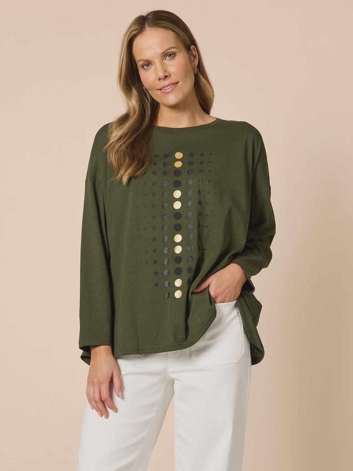 Clarity - Elise Spot Print Top / Khaki 48700