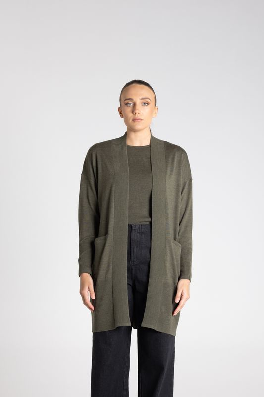 Two T's - Merino Long Cardigan / Khaki 3333