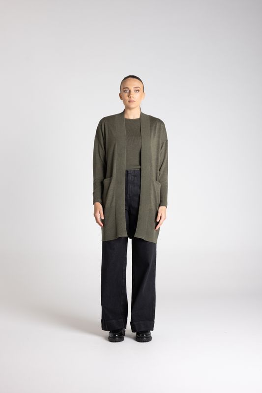 Two T's - Merino Long Cardigan / Khaki 3333