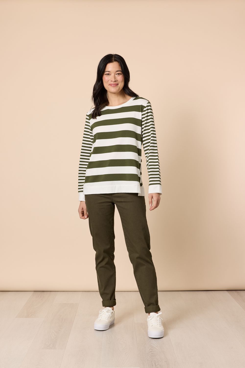 Gordon Smith - Brighton Stripe Print Top / Khaki Ivory 49428