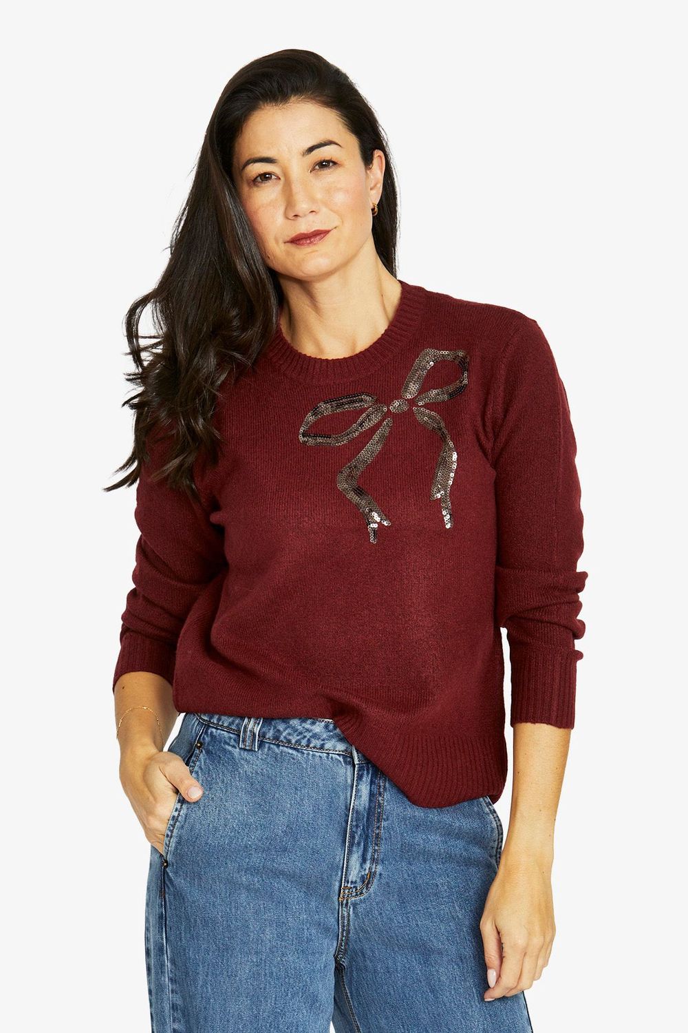 Jump - Sequin Bow Pullover / Merlot 60611048A