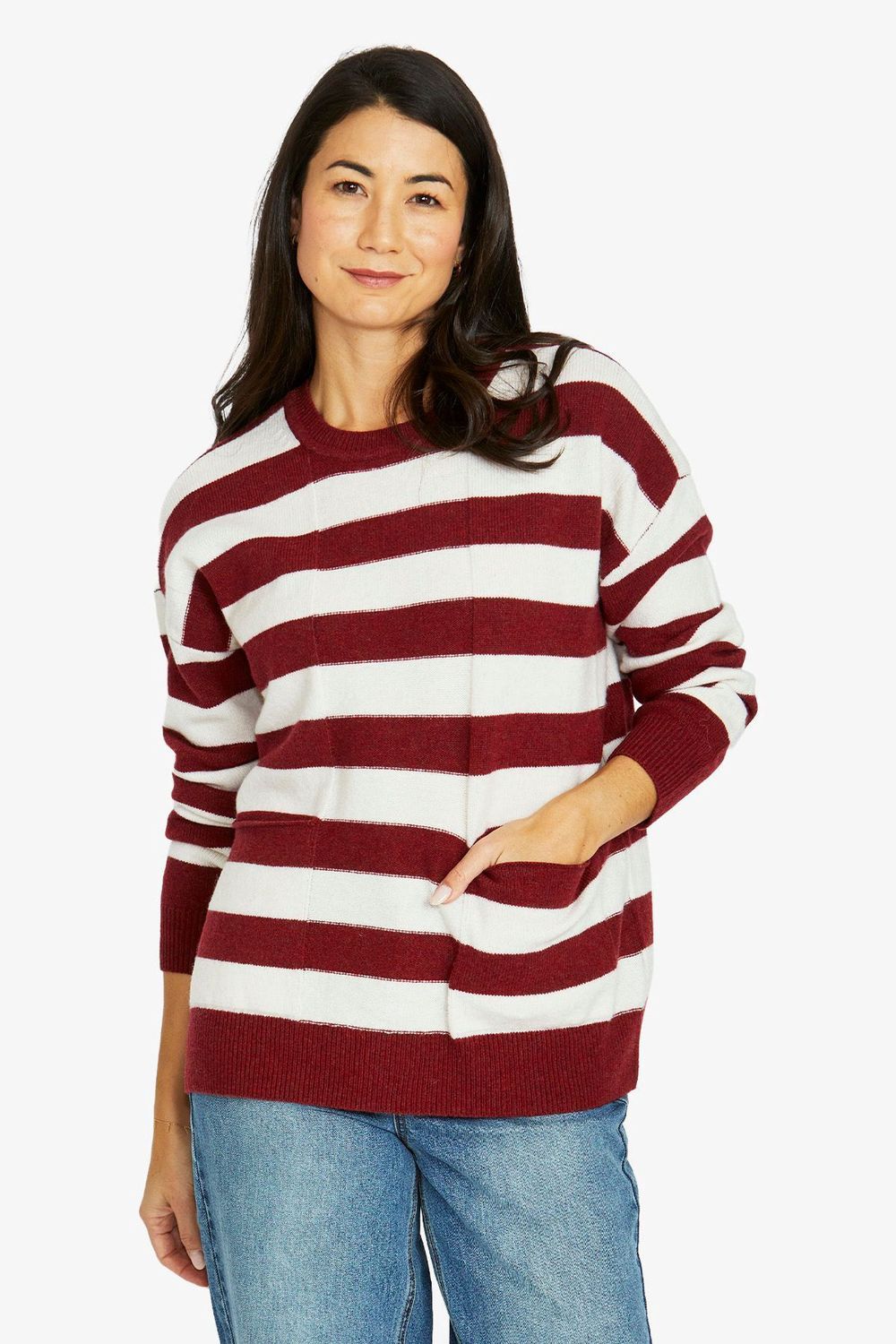 Jump - 2 Pkt Stripe Pullover Merlot/Snow 60611076A
