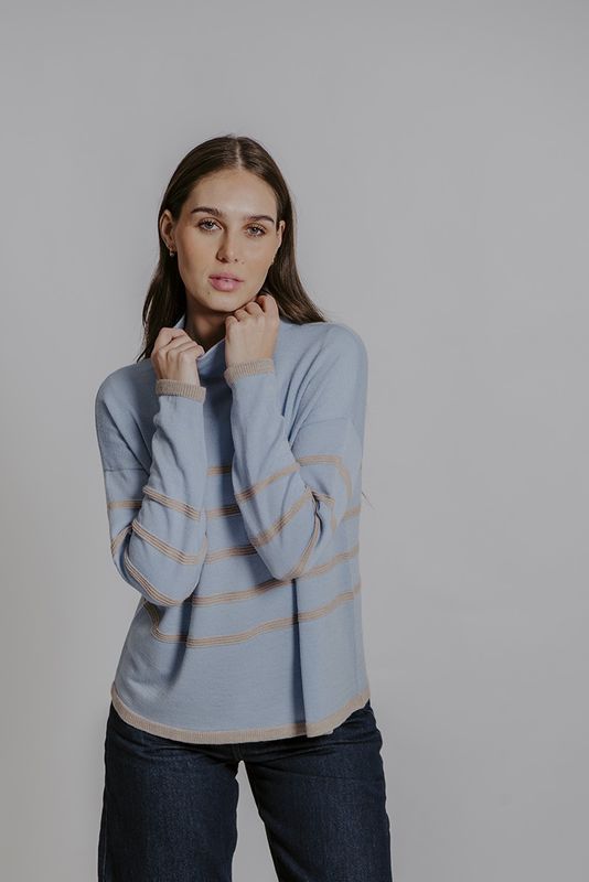 Fields - Block Stripe Funnel Neck Pollo - PaleBlue/Oatmeal FB6431