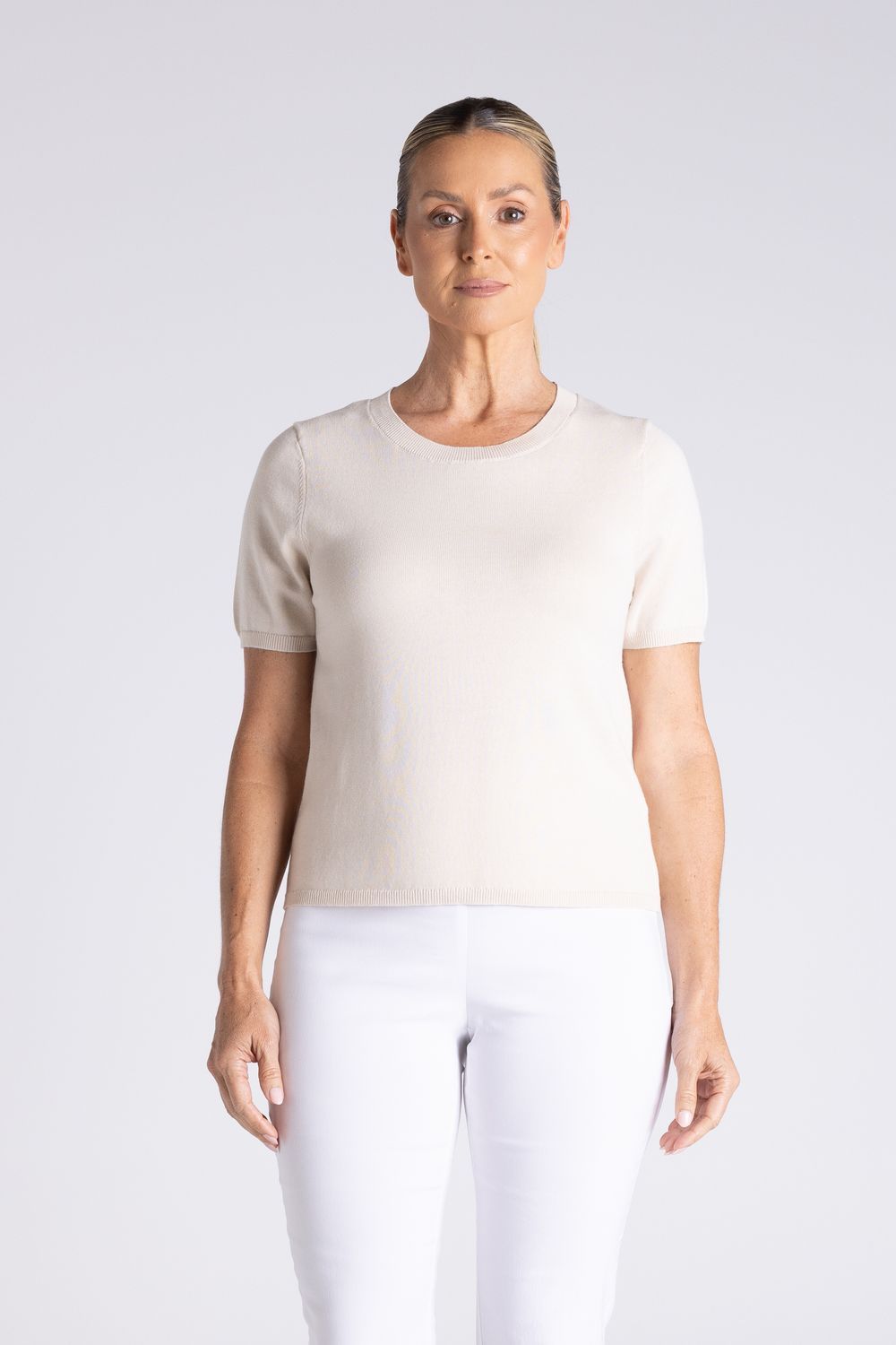 Two T's - Cotton Knit T-Shirt / 3403, Colour: Straw, Size: XS