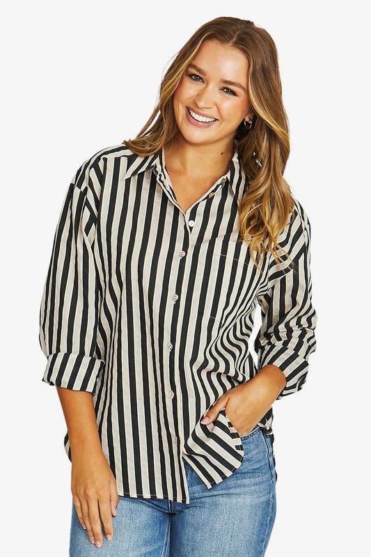 Jump - Ribbon Stripe L/S Shirt / Black/Ecru 616J3162A