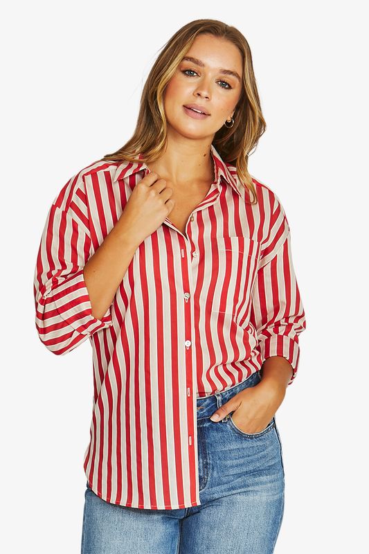 Jump - Ribbon Stripe L/S Shirt / Red/Ecru 616J3162A