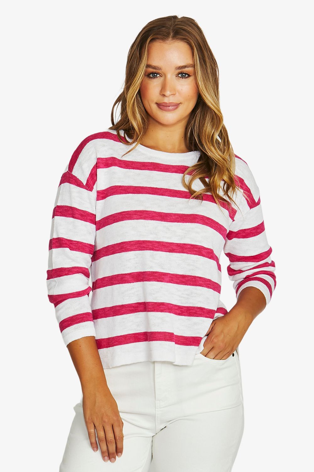 Jump - Slub Stripe Pullover / White/Hot Pink 61611003A